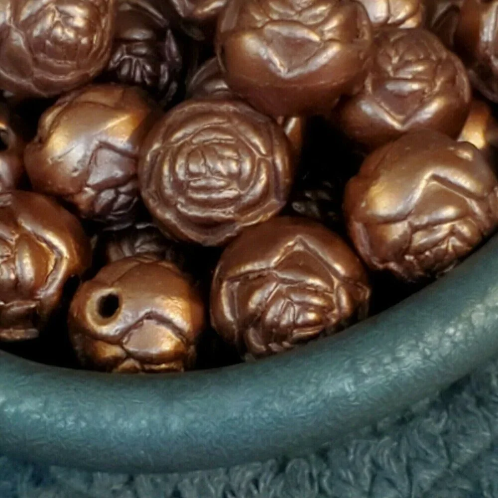 Vintage Retro Bronze Satin Rosebud Flower 14mm Round Acrylic Beads 10 pcs
